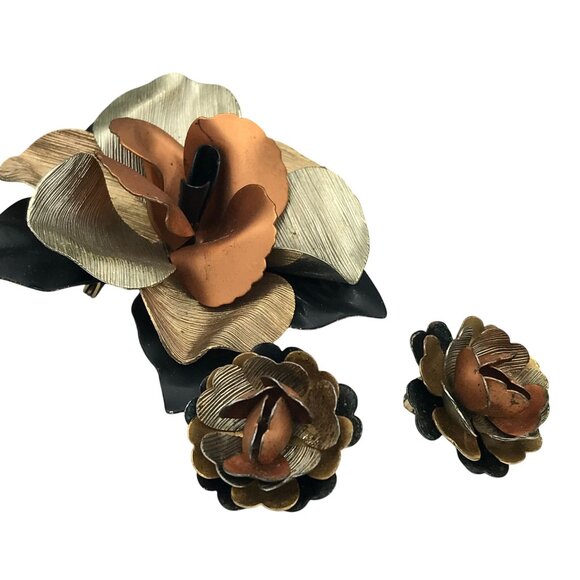 Autumn Mixed Metals Flower Brooch Pin and Clip On Earrings, Gift Jewelry Set - Picture 3 of 5